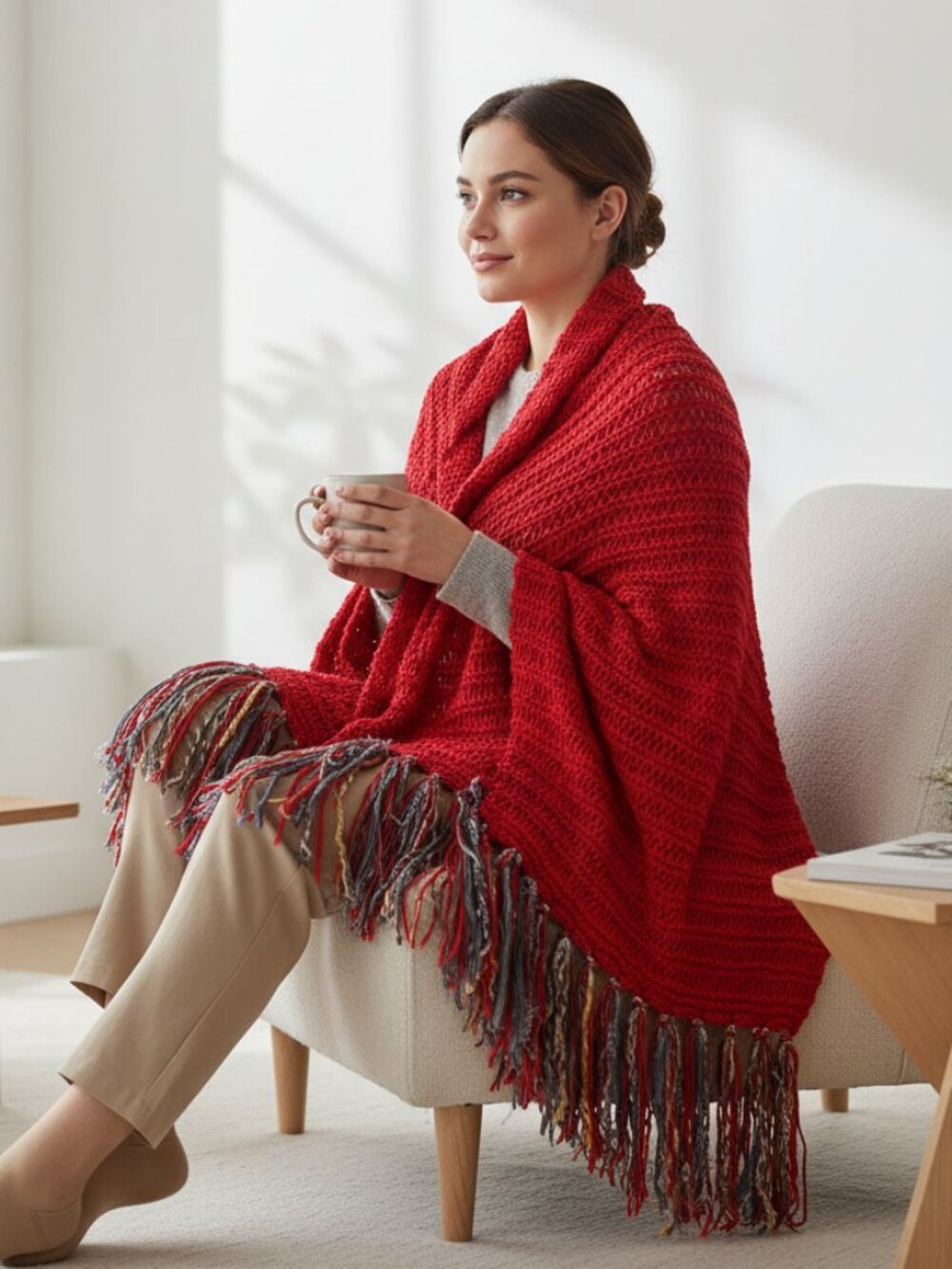 NEW Red Handmade Knitted Afghan Throw Blanket Fringe Knit Gift Decor Artisan